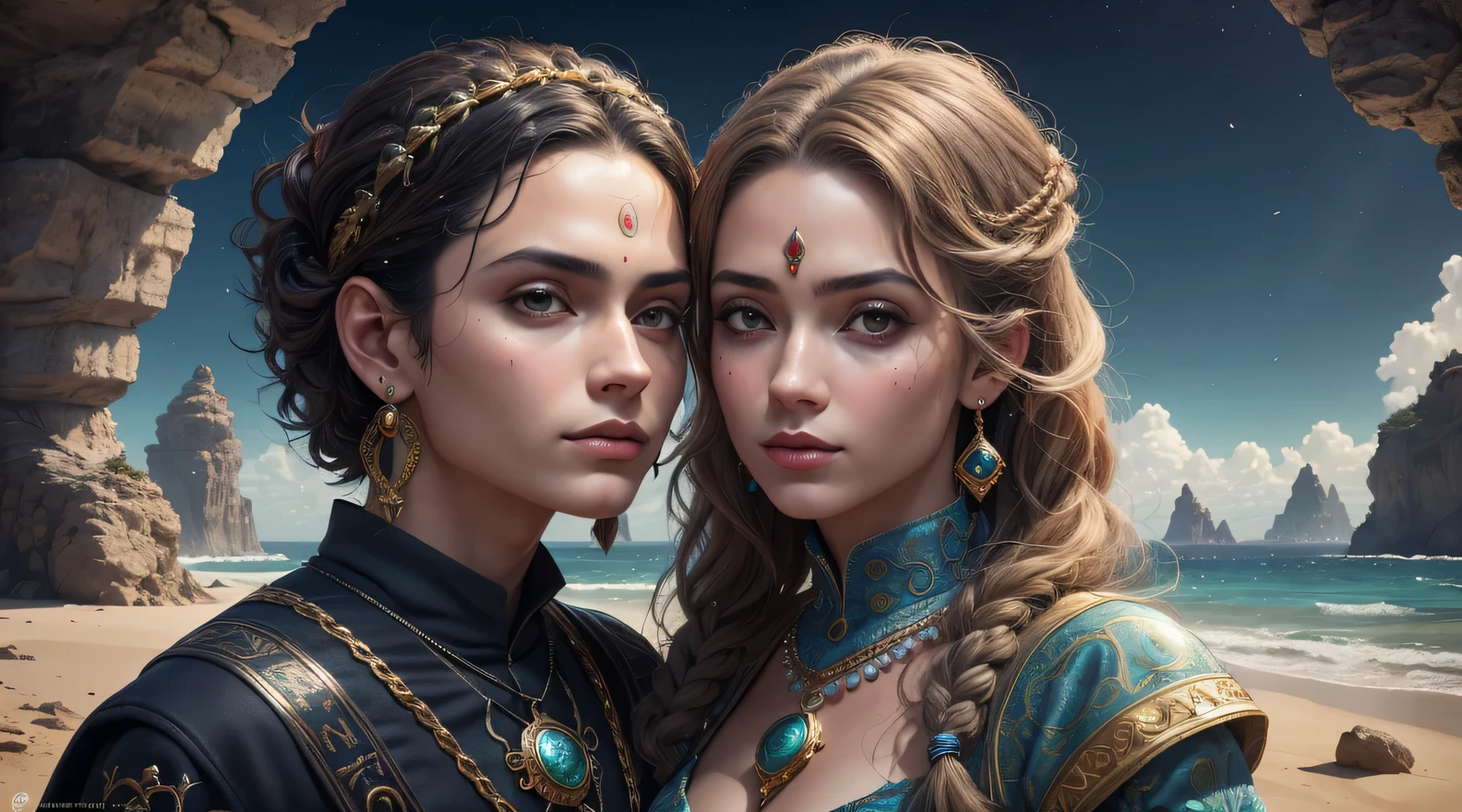 casal(((Masculino e feminino)))，foto de moda，(retrato completo), (Meia largura), Sozinho, fundo detalhado, rosto detalhado, (Stonepunks, tema de pedra:1.1), wise, (cabelo bonito, braids:0.2), shaman, The septum is hard，Mystic，（rosto lindo），Incredible，head tilted up，（Calm expression），relaxar，intimate interaction，Roupas de seda branca，prayer beads，Belo cabelo，Head equipment：0.33，hisui，obsidiana，roupas detalhadas，texturas de pele realistas，（floating particles，Swirls of water，humano，rituais，rodopiante，ventania：1.2），foco claro，volumetric lighting，bons destaques，boas sombras，Subsurface Dispersion，complex，altamente detalhado，((cinematic light)), dramatic, (Maiorqualidade, Premiado, obra-prima:1.5), (realidade:1.5),