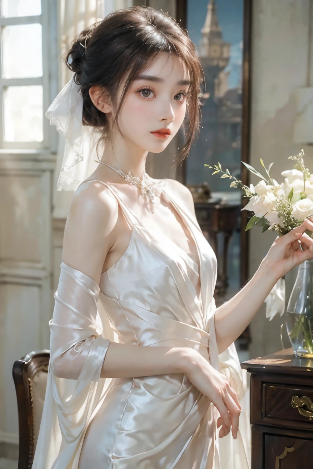 8k、 (Sexy costume with shiny silk opening), Enchanting Girl, Very detailed,Audrey Hepburn, Exquisite decorative details 、Pastel tones 、 Very intricate details 、 Realistic Light,Luxury Bridal Dress,sideboob、（Wearing glasses）、From the side、(cross-laced clothes)、