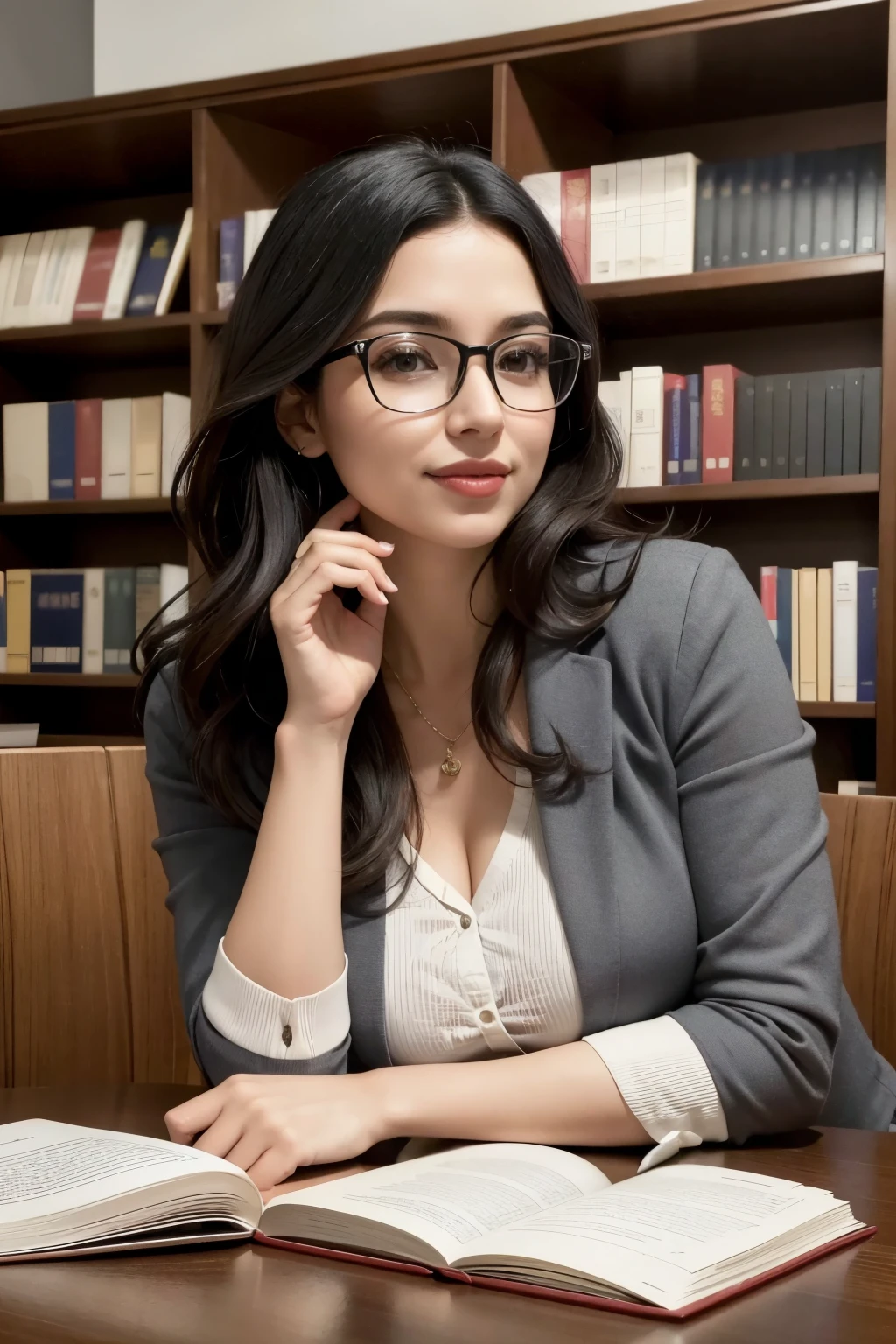 Imagem de uma mulher de meia idade, of Latin American appearance, with wavy black hair and glasses, sitting in a classic library. Ela sorri levemente, looking at the camera, with an air of trust and welcome. Behind her, there are shelves full of academic books and teaching resources. Sobre a mesa, In front of you, several academic documents are scattered, livros abertos, e um laptop. The lighting is soft and warm, suggesting a comfortable and productive study environment. The main focus of the image is the woman, which must convey professionalism and competence.