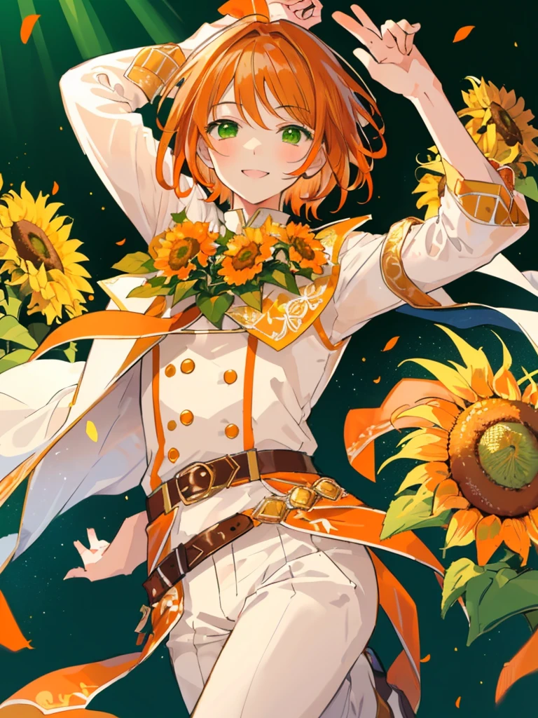 masterpiece、Highest quality、Super detailed、Very delicate、solo、One boy、1 male、(Orange brown hair:1.25),(Fluffy hair:1.2),(short hair:1.2),(Center parted bangs),sunflower,(Green Eyes:1.4),(blush)、smile,White suit