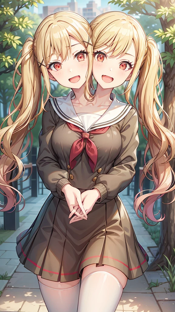 masterpiece, best quality, highres, (Conjoined_dicephalus), (2 heads:1.2), two heads, (1 body:1.5), 2 girl, solo, 2 legs, 2 arms, conjoined twins, solo, ichigaya arisa, twintails, x hair ornament , pleated dress, pantyhose, tenmasaki, shirt, long sleeves, bow, ribbon, twintails, , 10ma_s, 1girl, solo, long hair, smile, open mouth, skirt, blonde hair, simple background, red eyes, long sleeves, hair between eyes, twintails, , collarbone, pink hair, :d, sidelocks, pleated skirt, serafuku, pink eyes, sailor collar, neckerchief, cardigan, black background, red neckerchief, grey skirt, clenched hands, white sailor collar, yellow cardigan happy, cowbow shot, outdoors, forest