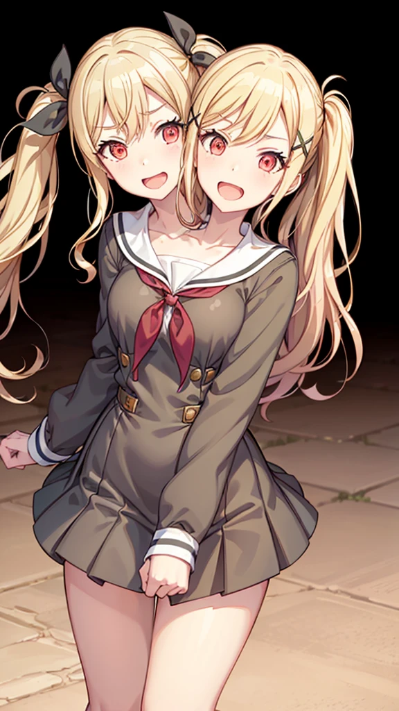 masterpiece, best quality, highres, (Conjoined_dicephalus), (2 heads:1.2), two heads, (1 body:1.5), 2 girl, solo, 2 legs, 2 arms, conjoined twins, solo, ichigaya arisa, twintails, x hair ornament , pleated dress, pantyhose, tenmasaki, shirt, long sleeves, bow, ribbon, twintails, , 10ma_s, 1girl, solo, long hair, smile, open mouth, skirt, blonde hair, simple background, red eyes, long sleeves, hair between eyes, twintails, , collarbone, pink hair, :d, sidelocks, pleated skirt, serafuku, pink eyes, sailor collar, neckerchief, cardigan, black background, red neckerchief, grey skirt, clenched hands, white sailor collar, yellow cardigan happy, cowbow shot, outdoors, forest