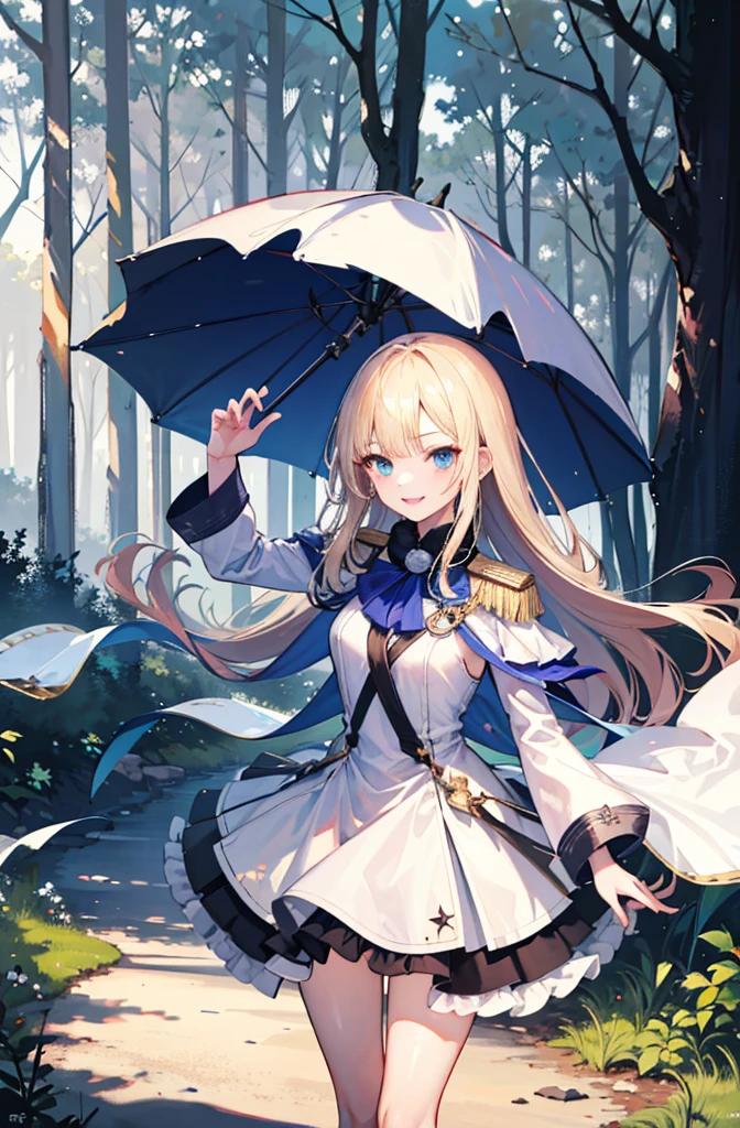 (Standing painting: 1.2) + (1girl:1.5)+ golden hair + princess cut + white knight uniform + detailed eyes and nose + deep blue eyes +  white battle uniform + domineering, masterpiece, best quality,evil smile,holy,((forest background)),,