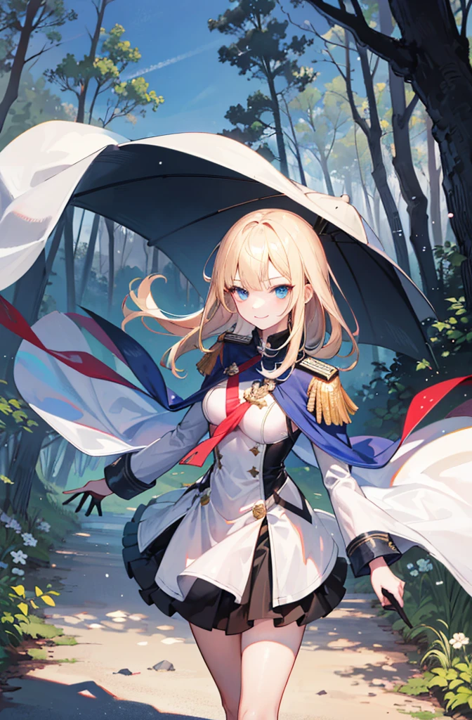 (Standing painting: 1.2) + (1girl:1.5)+ golden hair + princess cut + white knight uniform + detailed eyes and nose + deep blue eyes + white battle uniform + domineering, masterpiece, best quality,evil smile,holy,((forest background)),adult,