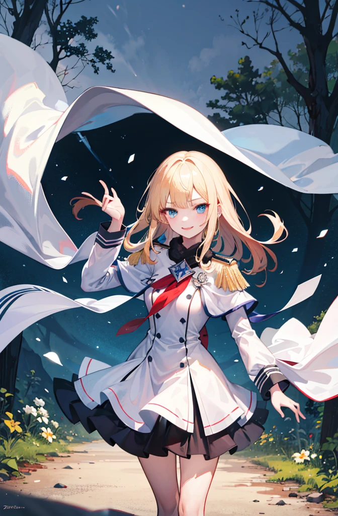 (Standing painting: 1.2) + (1girl:1.5)+ golden hair + princess cut + white knight uniform + detailed eyes and nose + deep blue eyes +  white battle uniform + domineering, masterpiece, best quality,evil smile,holy,((forest background)),adult,
