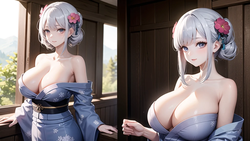 (((masterpiece, best quality))), (((superior quality))), cute girl, ((extremely detailed girl)), ((huge breasts)), (yukata), (bare shoulders), strapless top, silver hair