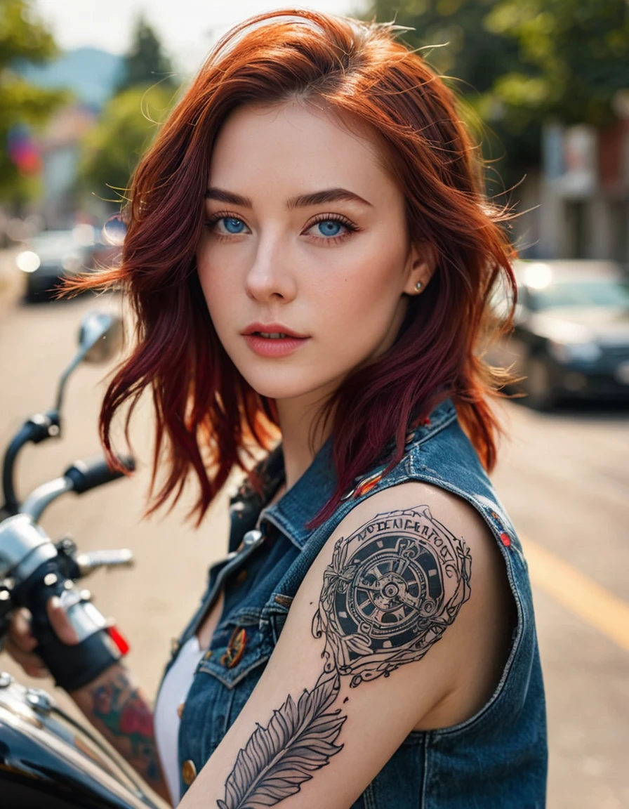 (masterpiece, top quality, best quality, ,ultra highres,8k, ,wallpaper, RAW, intricate details, sharp focus, natural lighting, realistic, professional, delicate, amazing finely detailed, Beautiful and beautiful:1.2), (1 girl:1.3),Very detailed,(rich and colorful:1.1),A beautiful female , blue eyes, black jacket, short denim, red hair,  seductive eyes , beautiful accessories, tattoo , close up ,outdoor, motorcycle,big bike, speed car