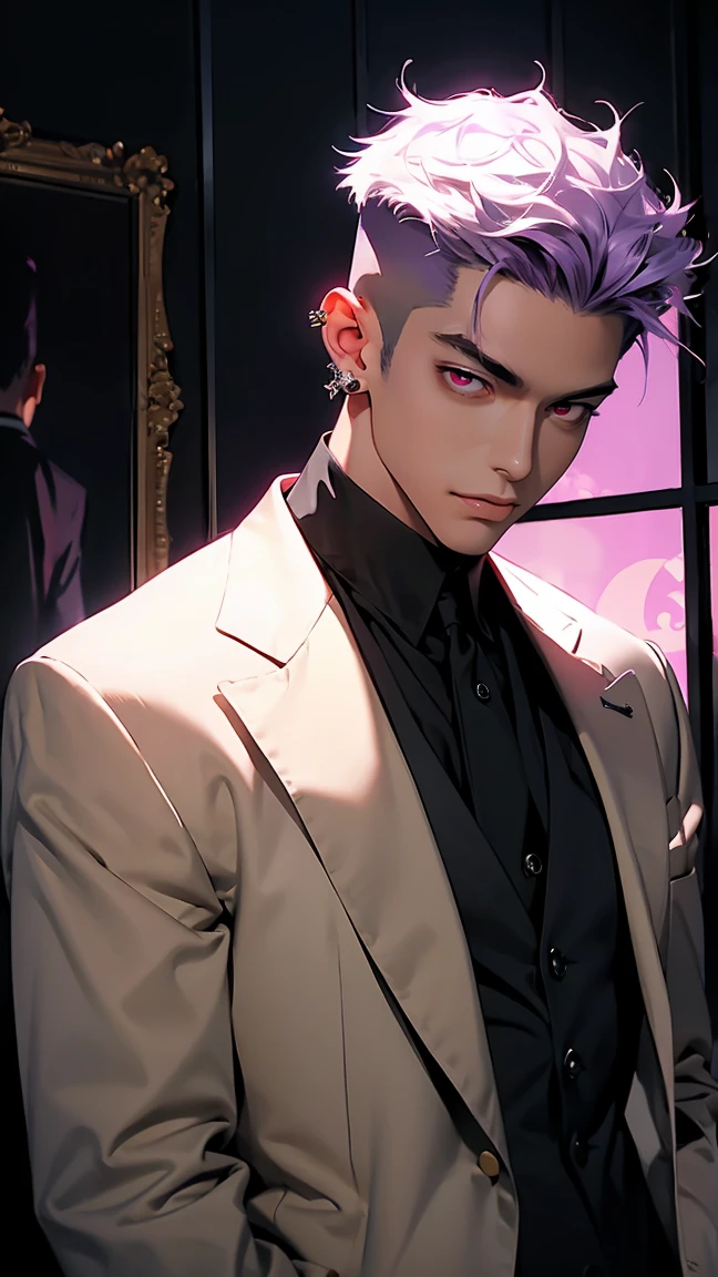 highest quality, 8K, high resolution image, anime style Jujutsu Kaisen, (Cell of Empireo/Seodoa Riddle), detailed strokes, bored look , blurred, purple light reflecting from it, 1 man, young, male, model, hand in pocket,  cool guy, multicolored Background with various geometric shapes, around stickers, muscular, light purple hair, spiky hair ,swollen chest, RED EYES, a black modern suit, black gloves, golden earrings
Background: Room, living room, sofa, 