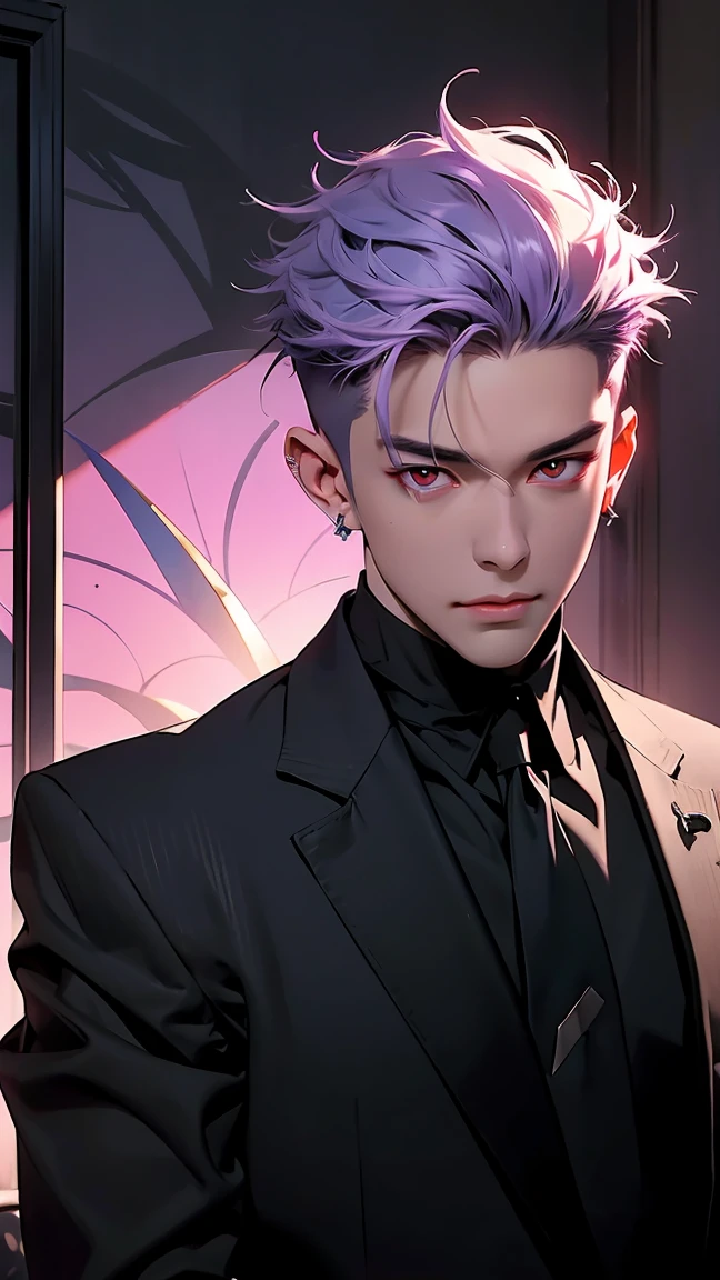 highest quality, 8K, high resolution image, anime style Jujutsu Kaisen, (Cell of Empireo/Seodoa Riddle), detailed strokes, bored look , blurred, purple light reflecting from it, 1 man, young, male, model, hand in pocket, cool guy, multicolored Background with various geometric shapes, around stickers, muscular, light purple hair, spiky hair ,swollen chest, RED EYES, a black modern suit, black gloves, golden earrings
Background: Room, living room, sofa,