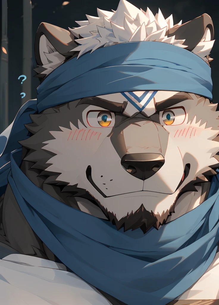 (masterpiece)，(Very detailed)，(best quality)，hairy，Wolf，Dark black fur，white hair，Gray pupil，Muscular，(Japan samurai attire)，((blue scarf))，((Brown headband))，(blush:1.1)，A puzzled expression，(question mark)，((Ultra HD close-up:1.4))，8K，(high quality)，(Ultra high quality)，(Super detailed)，(Best Works)