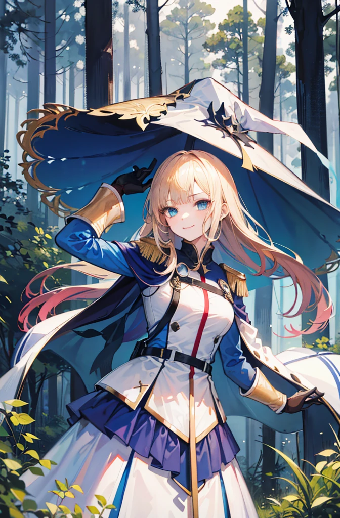 (Standing painting: 1.2) + (1girl:1.5)+ golden hair + princess cut + white knight uniform + detailed eyes and nose + deep blue eyes + white battle uniform + domineering, masterpiece, best quality,evil smile,holy,((forest background)),adult,