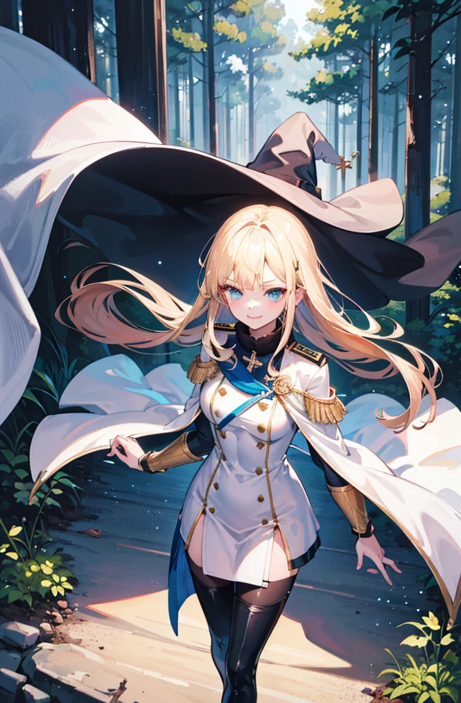 (Standing painting: 1.2) + (1girl:1.5)+ golden hair + princess cut + white knight uniform + detailed eyes and nose + deep blue eyes +  white battle uniform + domineering, masterpiece, best quality,evil smile,holy,((forest background)),adult,