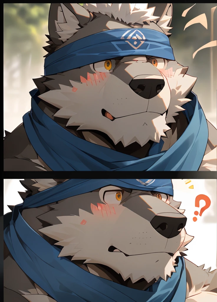 (masterpiece)，(Very detailed)，(best quality)，hairy，Wolf，Dark black fur，white hair，Gray pupil，Muscular，(Japan samurai attire)，((blue scarf))，((Brown headband))，(blush:1.1)，A puzzled expression，(question mark)，((Ultra HD close-up:1.4))，8K，(high quality)，(Ultra high quality)，(Super detailed)，(Best Works)