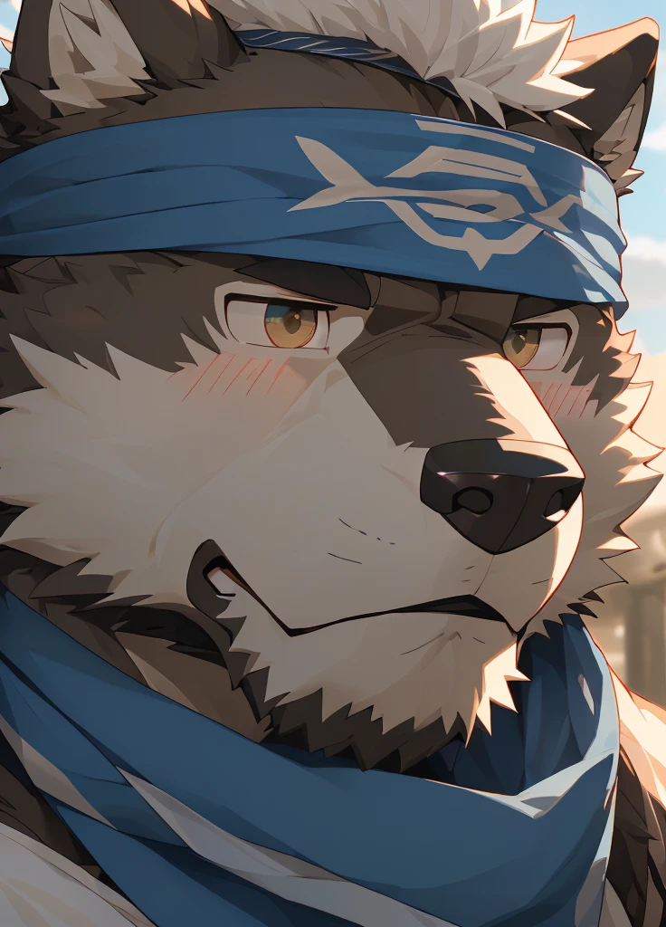(masterpiece),(Very detailed),(best quality),hairy,Wolf,Dark black fur,white hair,Gray pupil,Muscular,(Japan samurai attire),((blue scarf)),((Brown headband)),(blush:1.1),A puzzled expression,(question mark),((Ultra HD close-up:1.4)),8K,(high quality),(Ultra high quality),(Super detailed),(Best Works)