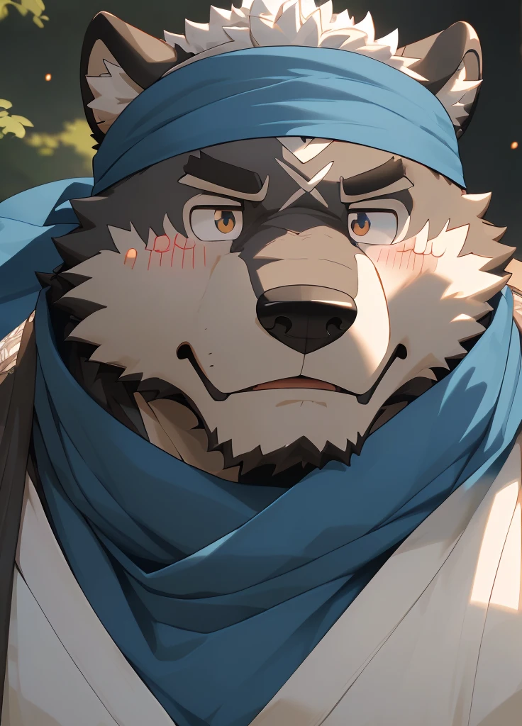 (masterpiece),(Very detailed),(best quality),hairy,Wolf,Dark black fur,white hair,Gray pupil,Muscular,(Japan samurai attire),((blue scarf)),((Brown headband)),(blush:1.1),A puzzled expression,(question mark),((Ultra HD close-up:1.4)),8K,(high quality),(Ultra high quality),(Super detailed),(Best Works)