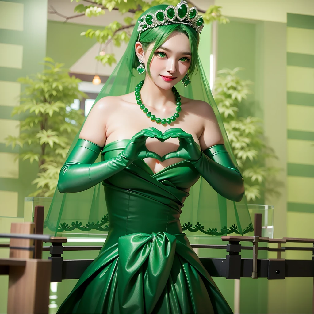 Emerald tiara, Green Pearl Necklace, ボーイッシュな非常に短いGreen Hair, Green Lips, Smiling Japanese woman, Very short hair, Busty beautiful lady, Green Eyes, Green satin long gloves, Green Eyes, Emerald Earrings, Green veil, Heart with both hands, Green Hair, Beautiful Japanese Women, Heart shaped hands:1.3, green lip gloss