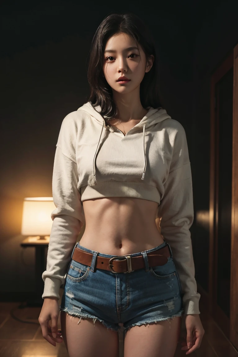 a girl, Loose cropped hoodie, long sleeve, (bare midriff, exposed navel), sexy abs, navel open,completely exposed abdomen, Low-rise hot pants,Exposing the entire abdomen,Mermaid Line, groin,metal belt, cowboy shot, summer street, 8k, best quality, masterpiece, photorealistic, ultra-detailed, vivid colors, professional lighting, cinematic, dynamic pose, dramatic lighting, intricate details,Looking at the camera