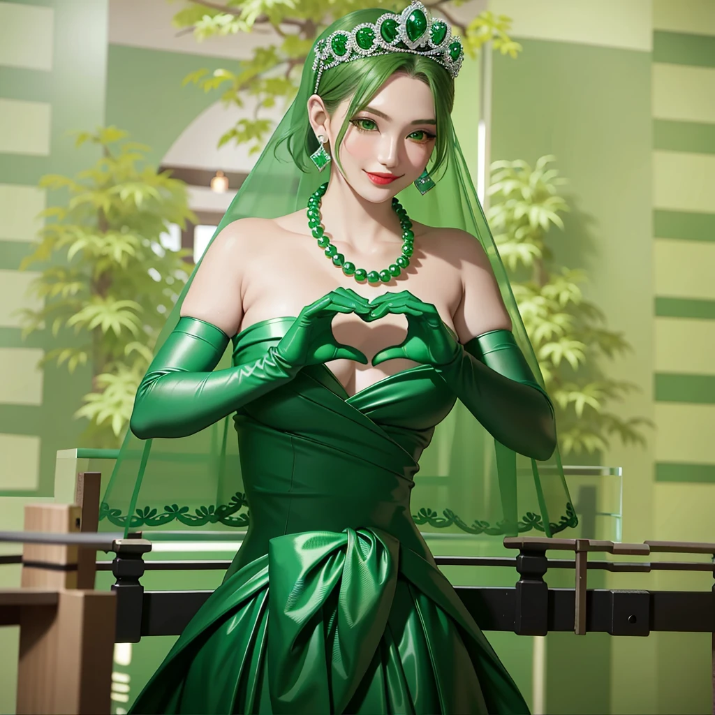 Emerald tiara, Green Pearl Necklace, ボーイッシュな非常に短いGreen Hair, Green Lips, Smiling Japanese woman, Very short hair, Busty beautiful lady, Green Eyes, Green satin long gloves, Green Eyes, Emerald Earrings, Green veil, Heart with both hands, Green Hair, Beautiful Japanese Women, Heart shaped hands:1.3, green lip gloss