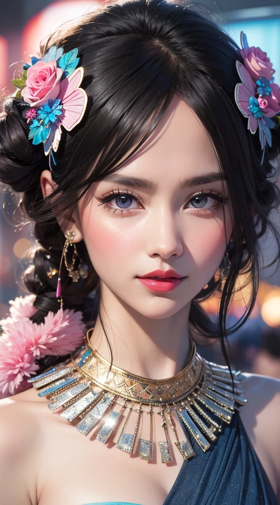 eye reflection, musical note black hair ornament, UHD, blue retina, pink lips, masterpiece, accurate, anatomically correct, textured skin, super details, high details, high quality, best quality, highres, 1080P, HD, 4K, 8k, 16k.
