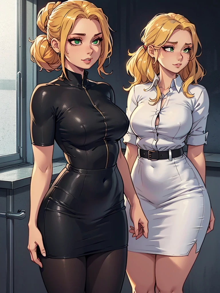 ((art by Kipteitei)), ((Masterpiece, best quality, perfect lighting, amazing shading)), (perfect anatomy, realistic proportions), field of depth, extremely beautiful, 1girl, (blond hair), long wavy hair, hair up, green eyes, pencil skirt, dress shirt, black tights, happy expression, office background, detailed background, cowboy shot
