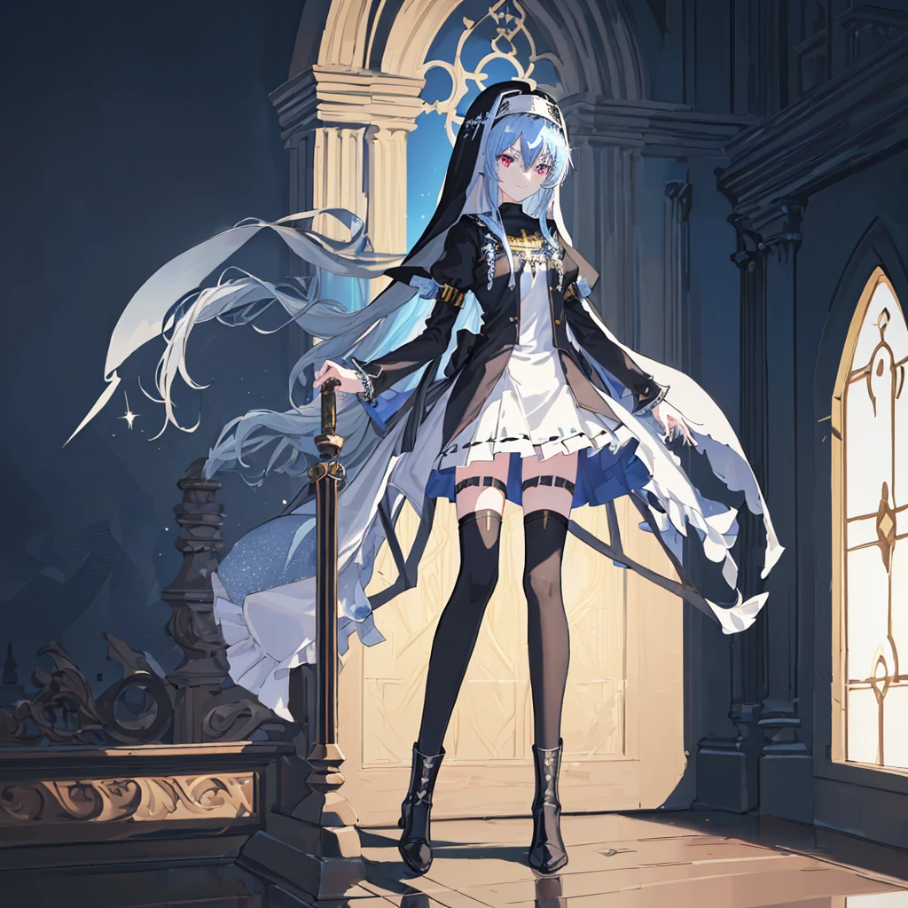 [(cathedral background:1.4)::5],Original,(Illustration:1.1),(Best Quality),(masutepiece:1.1),(the Extremely Detailed CG Unity 8K Wallpapers:1.1), (Colorful:0.9),(mid-shot:0.95),(Full body:1.5),Dynamic Angle,(Solo:1.2), (girl),(((Adult))), (Detailed beautiful eyes:1.15), (Beautiful face:1.15), (Glowing black eyes:1.25////),(Blue Long Hair),(nun headdress),(+perfect hand+:1.21),(Draw an illustration of a Holy Knight Wizard),(Religious),(slender),(she has boots on her feet),((I'm wearing black knee-high socks)),Smile,(Ruffled miniskirt with metal embellishments),beautiful slender adult,((theater background)),