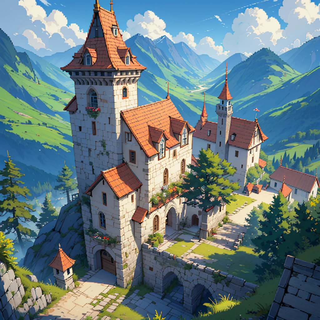 Pixel art of a medieval warrior looking at a medieval castle from the top of a hill, landscape, Distant Mountain々, pine tree, Beautiful sunny sky, (Super detailed), (masterpiece), complicated, complicated details, Pixel art