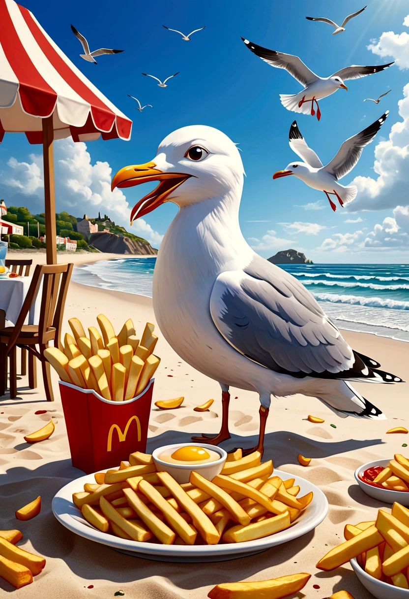 detailed digital art, whimsical illustration, beautiful seaside, seagull eating french fries, enjoying vacation, relaxing, (best quality,4k,8k,highres,masterpiece:1.2),ultra-detailed,(realistic,photorealistic,photo-realistic:1.37),vibrant colors, soft lighting, dynamic composition, detailed textures, intricate details, serene atmosphere, playful mood, coastal landscape, sandy beach, crashing waves, cloudy sky, seagull character, casual dining, french fries, relaxed pose, happy expression