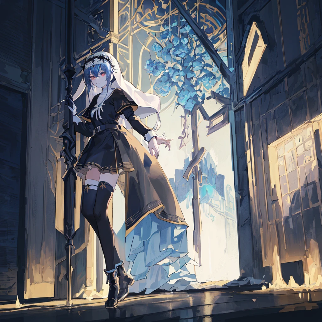 [(cathedral background:1.4)::5],Original,(Illustration:1.1),(Best Quality),(masutepiece:1.1),(the Extremely Detailed CG Unity 8K Wallpapers:1.1), (Colorful:0.9),(mid-shot:0.95),(Full body:1.5),Dynamic Angle,(Solo:1.2), (girl),(((Adult))), (Detailed beautiful eyes:1.15), (Beautiful face:1.15), (Glowing black eyes:1.25////),(Blue Long Hair),(nun headdress),(+perfect hand+:1.21),(Draw an illustration of a Holy Knight Wizard),(Religious),(slender),(she has boots on her feet),((I'm wearing black knee-high socks)),Smile,(Ruffled miniskirt with metal embellishments),beautiful slender adult,((theater background)),