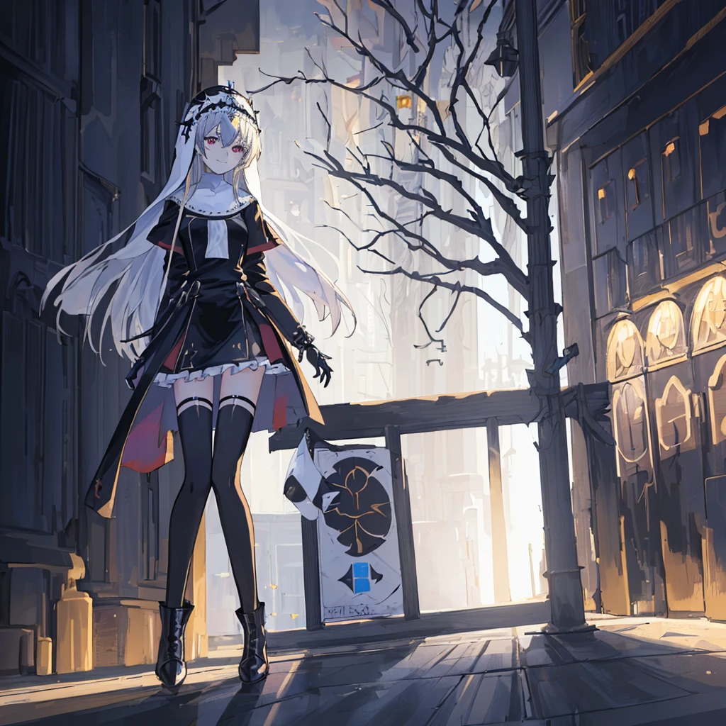 [(cathedral background:1.4)::5],Original,(Illustration:1.1),(Best Quality),(masutepiece:1.1),(the Extremely Detailed CG Unity 8K Wallpapers:1.1), (Colorful:0.9),(mid-shot:0.95),(Full body:1.5),Dynamic Angle,(Solo:1.2), (girl),(((Adult))), (Detailed beautiful eyes:1.15), (Beautiful face:1.15), (Glowing black eyes:1.25////),(Blue Long Hair),(nun headdress),(+perfect hand+:1.21),(Draw an illustration of a Holy Knight Wizard),(Religious),(slender),(she has boots on her feet),((I'm wearing black knee-high socks)),Smile,(Ruffled miniskirt with metal embellishments),beautiful slender adult,((theater background)),