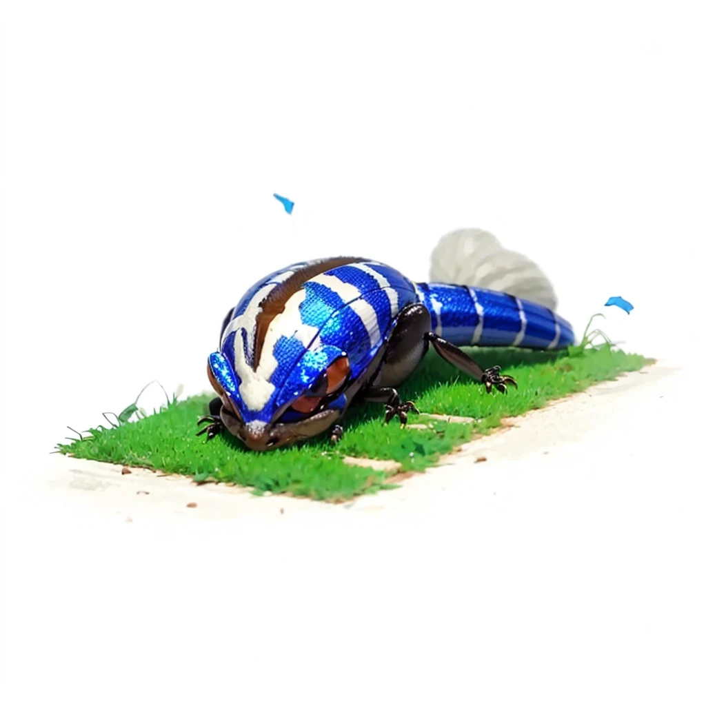 Small Animals, ant mixed with House lizard, has blue stripes on its body, Grassroots, no background, (has beard), ((no eyes))