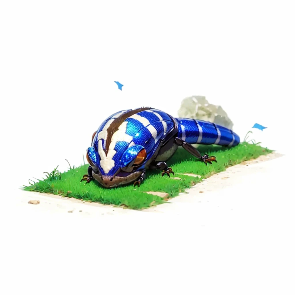Small Animals, ant mixed with House lizard, has blue stripes on its body, Grassroots, no background, (has beard), ((no eyes))