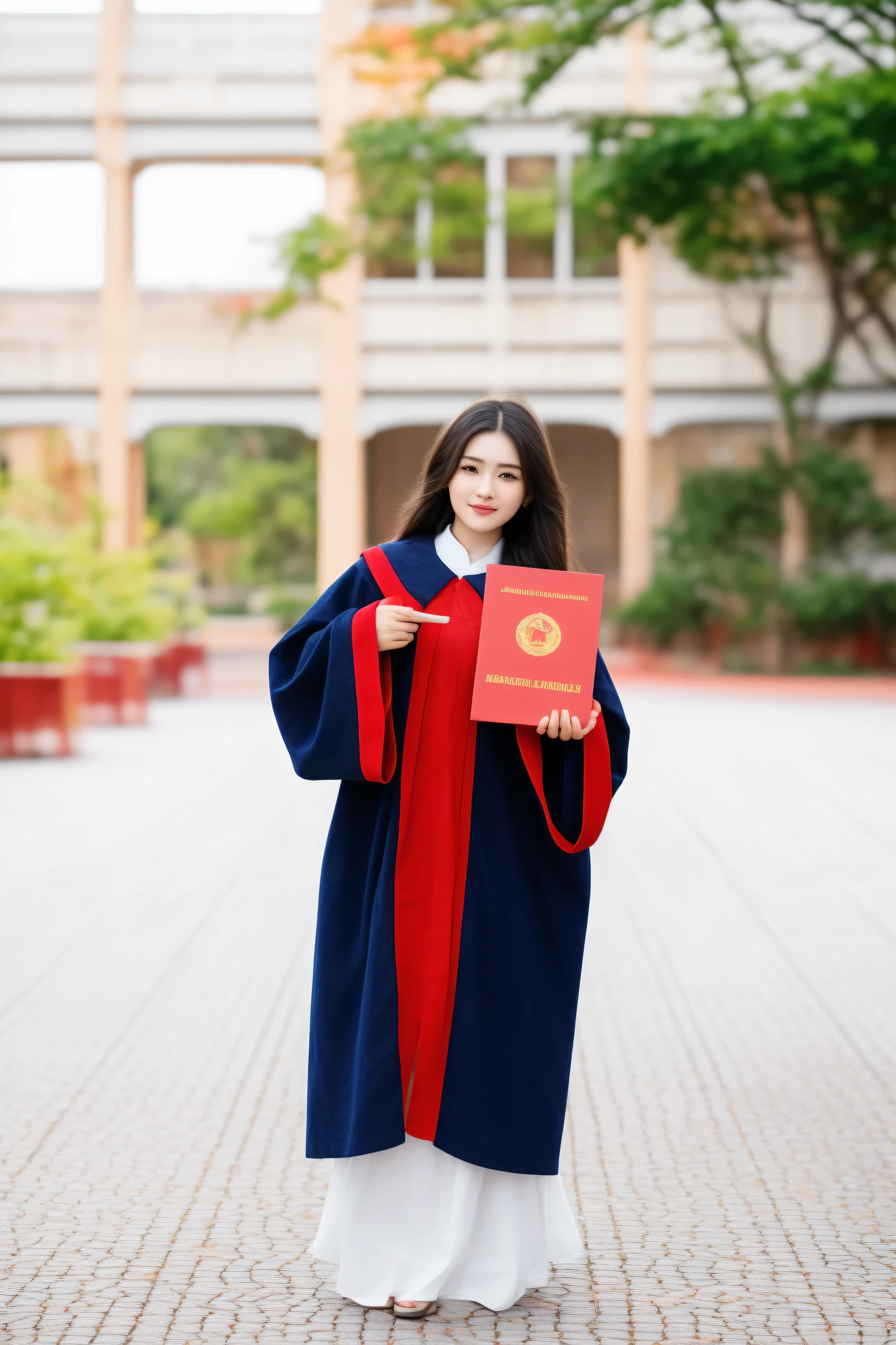 arafed asian woman in graduation gown holding a red book, wearing an academic gown, graduation photo, wearing red robes, closeup portrait shot, girl, young asian girl, wearing robes and neckties, wearing red sorcerers robes, portrait shot, full subject shown in photo, wearing gilded red robes, student, high quality photos, ao dai