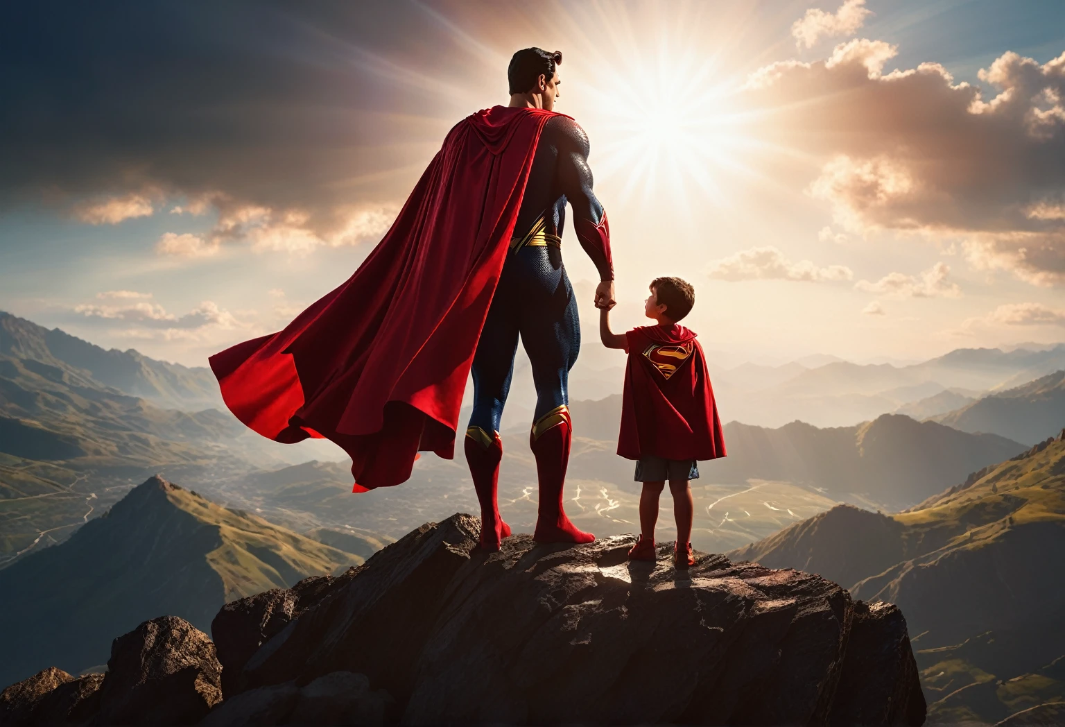 Superman and his son standing on top of a mountain, wearing a red cape, facing the sun, cinematic, dramatic lighting, muscular figure, heroic pose, epic, highly detailed, realistic, photorealistic, 8k, hyper detailed, intricate details, intense shadows and highlights, cinematic composition, dramatic color palette, golden hour lighting, volumetric lighting, glowing cape, awestruck expression, powerful presence