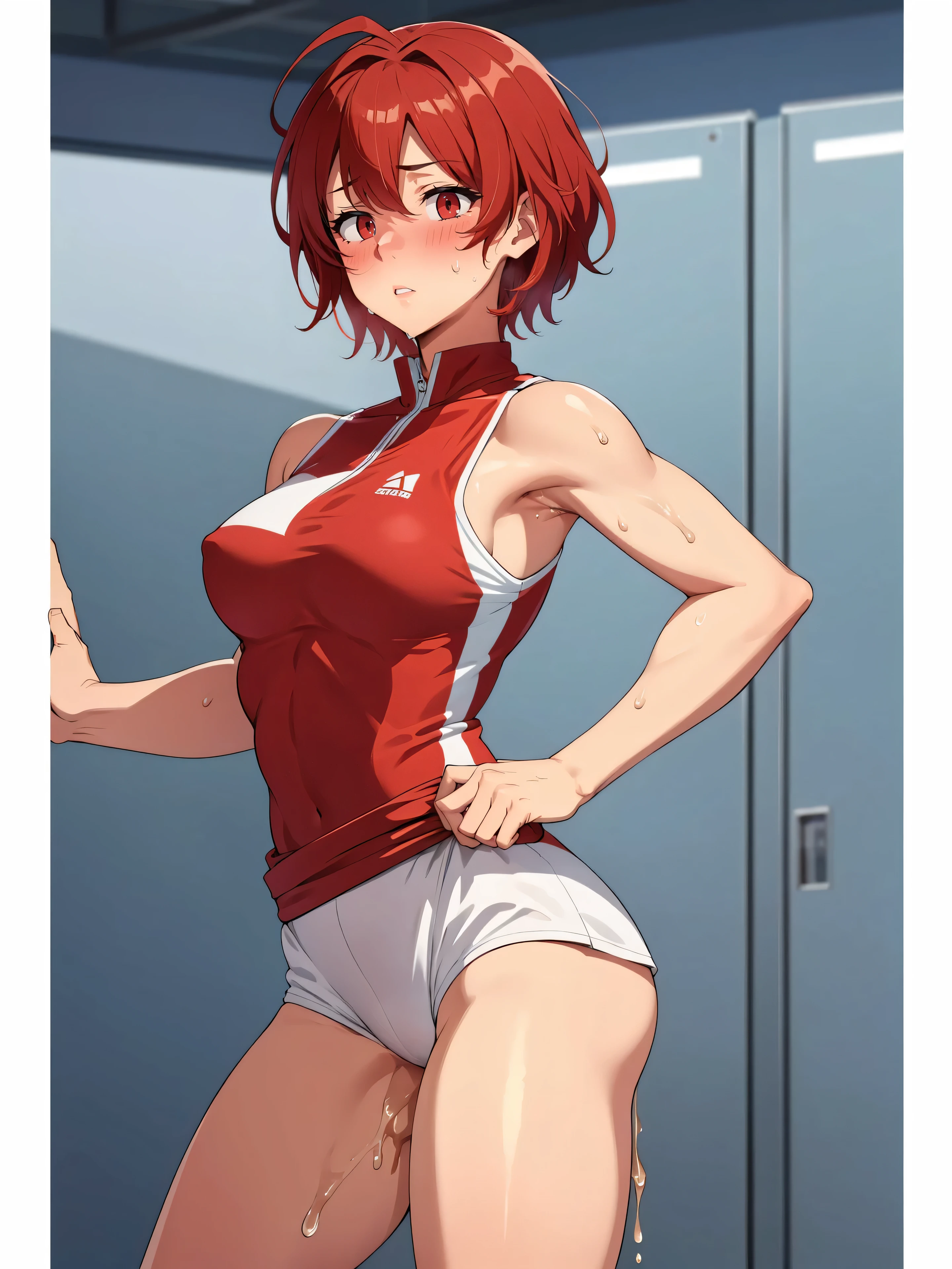 locker room、No background、Standing posture、Track and field athlete、Athletics Stadium、athlete、(1 female)、(Red hair、Short Hair）、(Sleeveless track uniform、Racing Bloomer)、Ultra-detailed illustrations、Ultra-precision performance、masterpiece、Highest quality、超High resolution、High resolution、（(Embarrassed expression、Sweat、body fluid)）、Mommyfy、