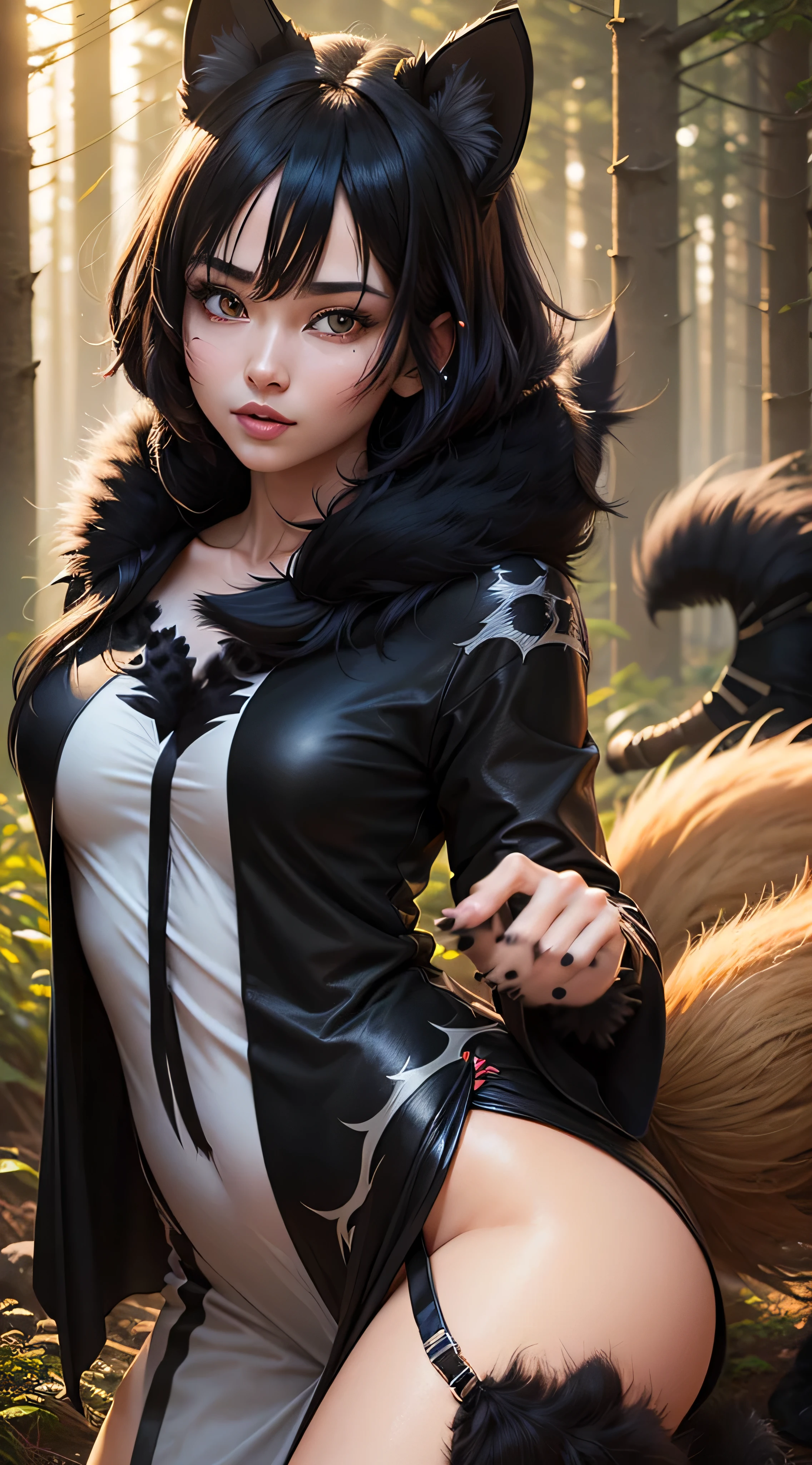 full body portrait of a realistic fox-girl with black hair and nine tails, (nine tails with black fur:2.2) , nine tails, beautiful face, high cheekbones, green eyes, (very detailed sinto clothes:2.0) , inspired by Sugimura Jihei, delicate and fine, (tentacles:fox tails:0.5), white form, inspired by Sōami, jormungand, mystical creatures, realistic, ultra detailed, dynamic pose, sunrise lighting, detailed forest background
