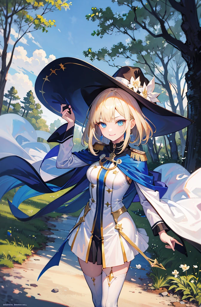 (Standing painting: 1.2) + (1girl:1.5)+ golden hair + princess cut + white knight uniform + detailed eyes and nose + deep blue eyes + white battle uniform + domineering, masterpiece, best quality,evil smile,holy,((forest background)),adult,