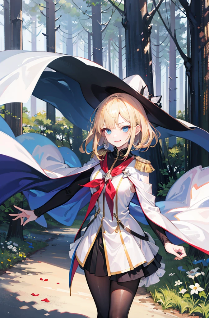 (Standing painting: 1.2) + (1girl:1.5)+ golden hair + princess cut + white knight uniform + detailed eyes and nose + deep blue eyes +  white battle uniform + domineering, masterpiece, best quality,evil smile,holy,((forest background)),adult,