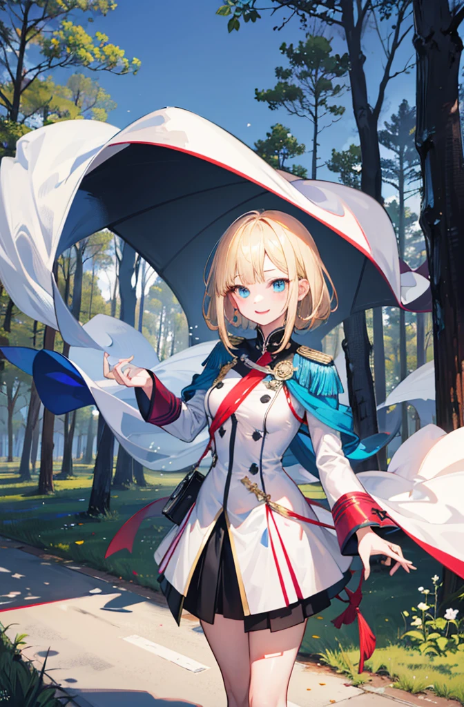 (Standing painting: 1.2) + (1girl:1.5)+ golden hair + princess cut + white knight uniform + detailed eyes and nose + deep blue eyes +  white battle uniform + domineering, masterpiece, best quality,evil smile,holy,((forest background)),adult,