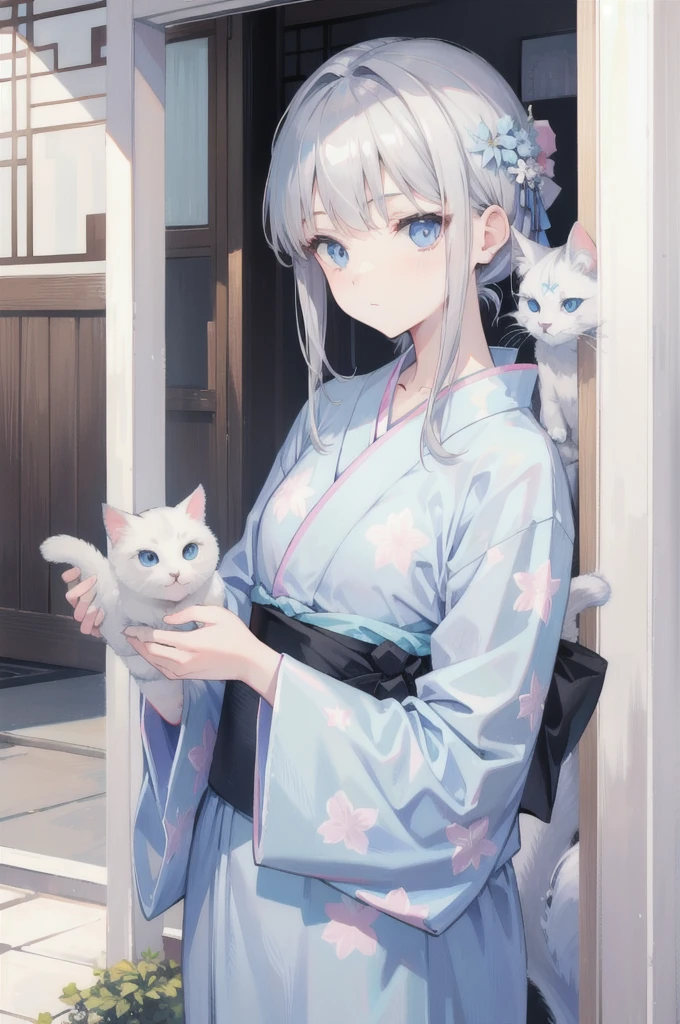 Gray Hair,Light blue eyes,Holding a cat,yukata,Young face,