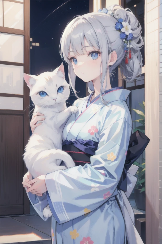 Gray Hair,Light blue eyes,Holding a cat,yukata,Young face,