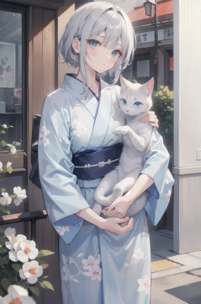 Gray Hair，Light blue eyes，Holding a cat，yukata，Young face，