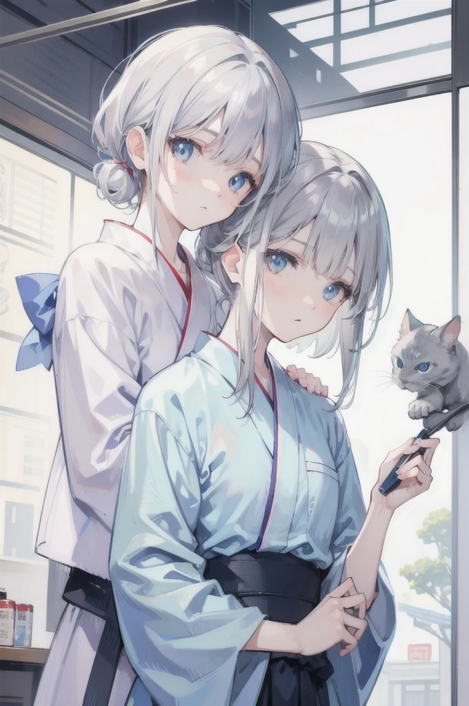 Gray Hair，Light blue eyes，Holding a cat，yukata，Young face，