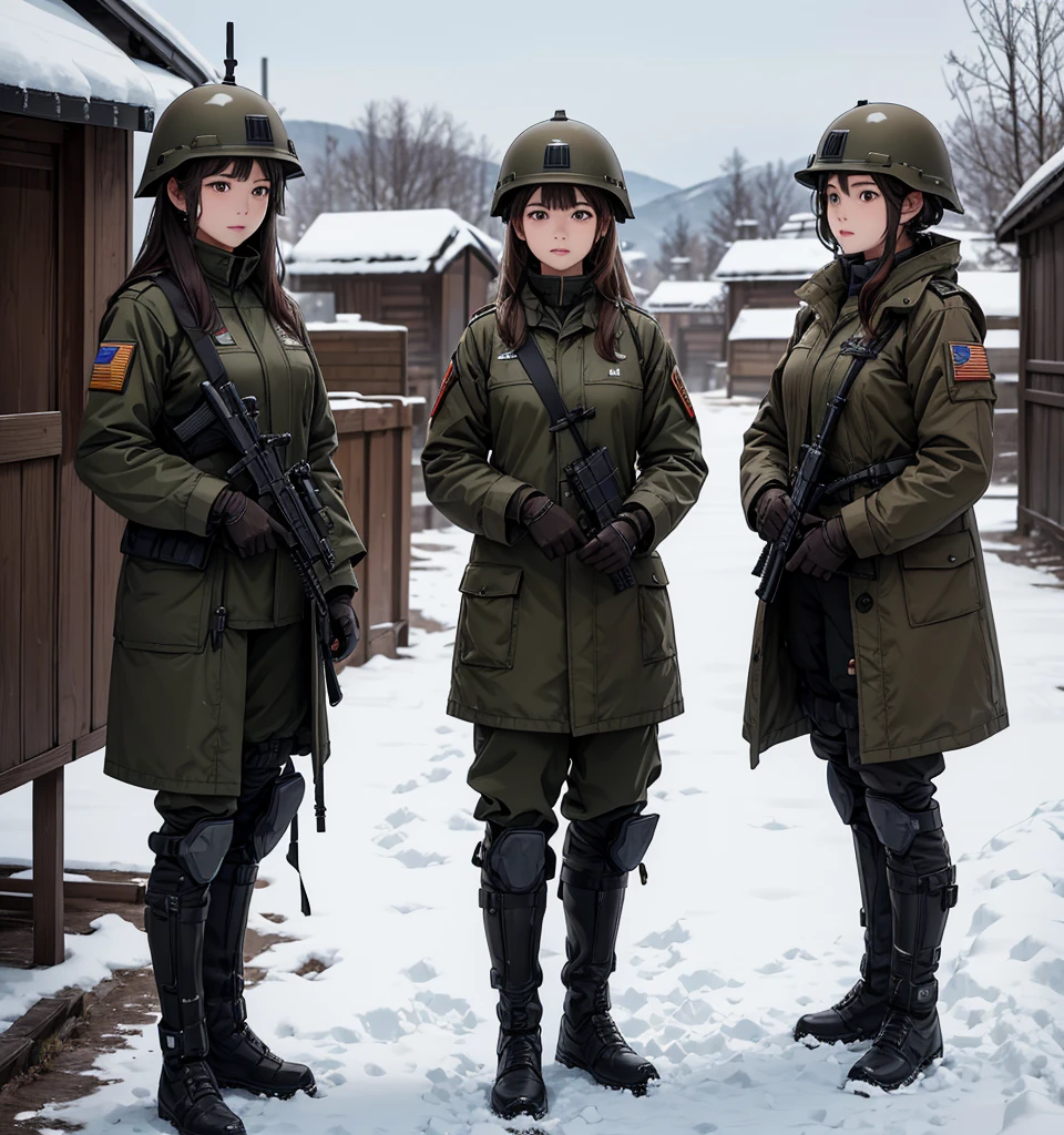 First-person perspective、Three female soldiers in helmets、Wearing dark brown military coat、Individual equipment set、Standing side by side、Snowy military camp、Write details、masterpiece、best quality、Highly detailed CG、8K picture quality