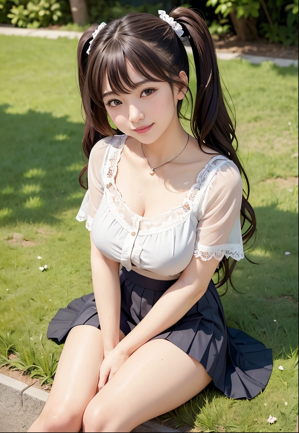 (Highest quality,masterpiece:1.3,Ultra-high resolution),(Very detailed、Caustics) (Realistic:1.4, RAW shooting、)Ultra-Realistic Capture、Very detailed、Natural skin texture、masterpiece、(Japanese girl wearing a lace blouse and pleated skirt:1.3)、Adorable expression、Expressions of happiness、、Height: 160cm、Young Face、Amazingly cute、Twin tail hairstyle、Curly Hair、Scrunchie、necklace、Black Hair、Heavy makeup、Large breasts、Shining thighs、Private Garden Photoshoot、Sit on the grass with your legs apart、Showing panties、Background details、smile、An inviting gaze、Anatomically correct、Attention to detail、Sexy and cute pose、Heeled sandals、