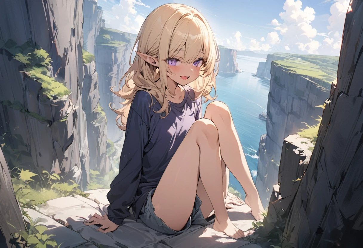 ((Masterpiece)), ((best quality)), (Anime:1.4), (super detail:1.2), (High Definition:1.3), (Professional Photography:1.3), (wide shot), (sharp focus), (perfect light), ((12 years old)), (1girl), cute young girl, (nauhty smile), open mouth, (Beautiful purple eyes:1.2), (dark skin), elf girl, wearing long cardigan, small breast, (Healthy slim body), (very long bangs:1.3), unruly hair, (medium hair), ((beautiful blond hair)), shortpants, BREAK, ((best quality)), sitting on the ground, (Sit with legs stretched out), knee up, (Cliffs over 100 meters above sea level)), (super detail:1.2),
