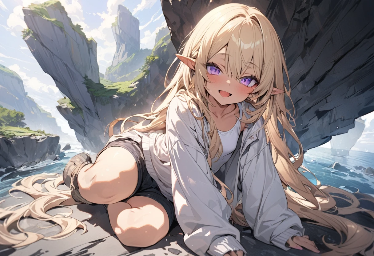 ((Masterpiece)), ((best quality)), (Anime:1.4), (super detail:1.2), (High Definition:1.3), (Professional Photography:1.3), (wide shot), (sharp focus), (perfect light), ((12 years old)), (1girl), cute young girl, (nauhty smile), open mouth, (Beautiful purple eyes:1.2), (dark skin), elf girl, wearing long cardigan, small breast, (Healthy slim body), (very long bangs:1.3), unruly hair, (medium hair), ((beautiful blond hair)), shortpants, BREAK, ((best quality)), sitting on the ground, (Sit with legs stretched out), knee up, (Cliffs over 100 meters above sea level)), (super detail:1.2),