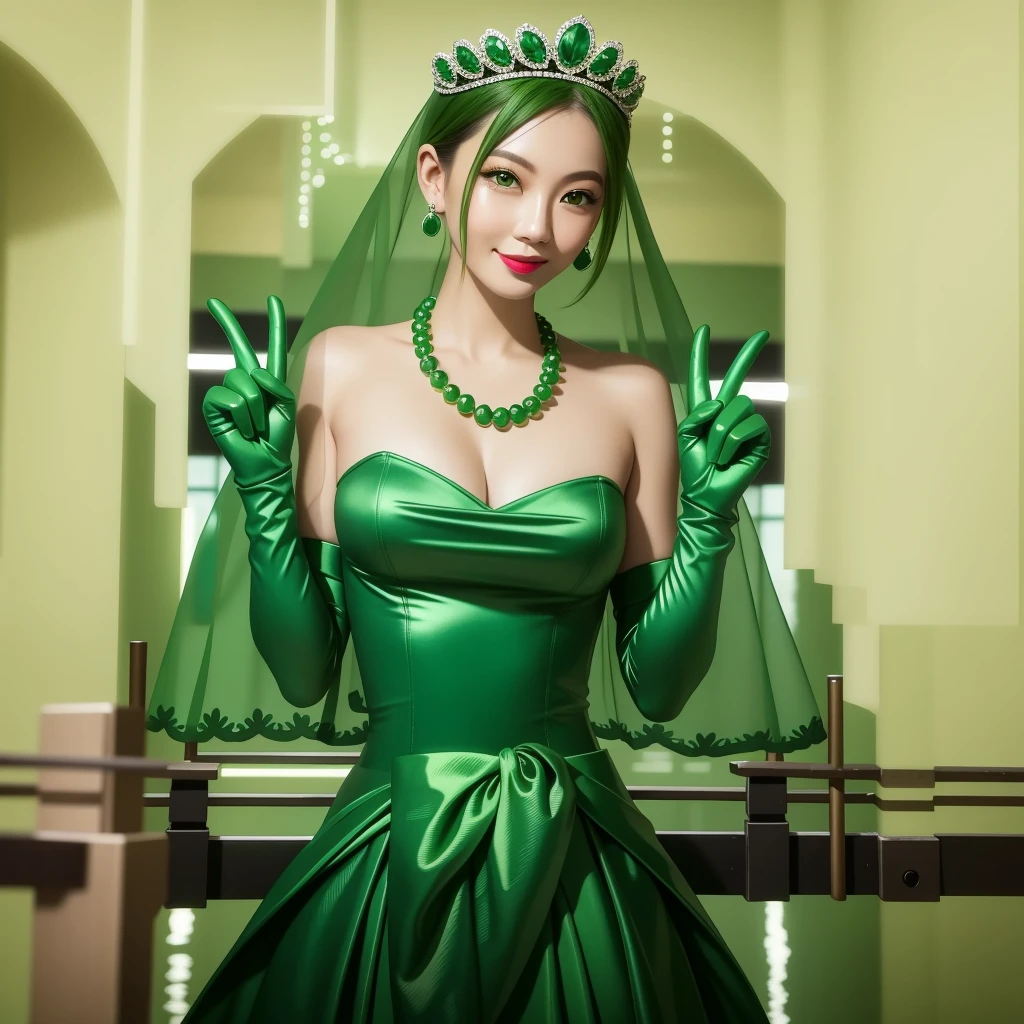 Emerald tiara, Green Pearl Necklace, ボーイッシュな非常に短いGreen Hair, Green Lips, Smiling Japanese woman, Very short hair, Busty beautiful lady, Green Eyes, Green satin long gloves, Green Eyes, Emerald Earrings, Green veil, Vsain, Green Hair, Beautiful Japanese Woman, green lip gloss