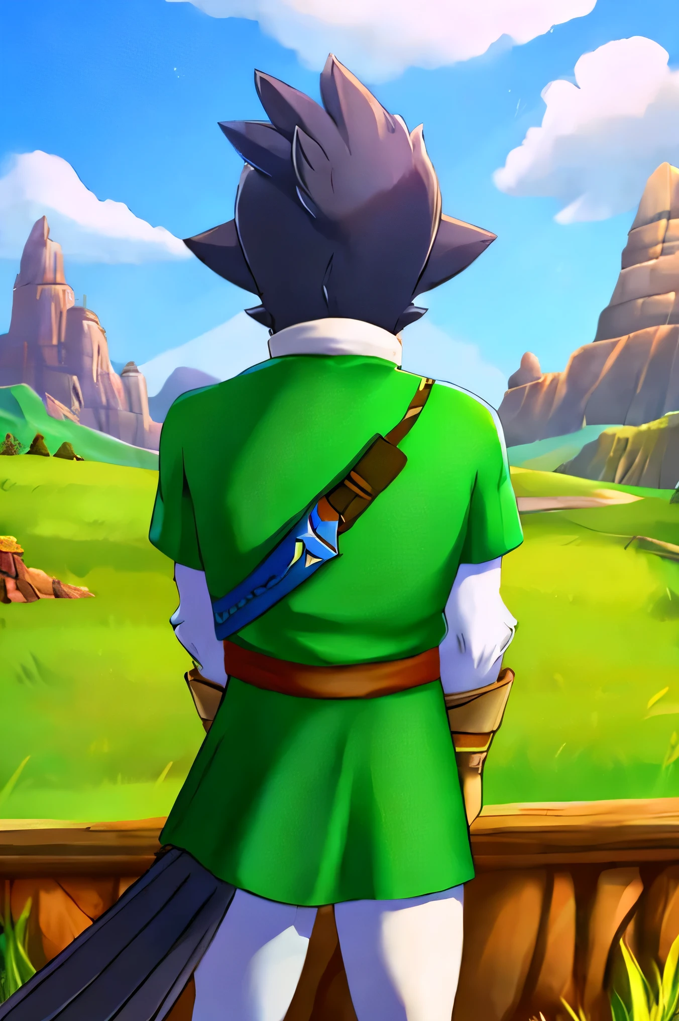 Link, legend of zelda, tunic, anthro crow, holding master sword, detailed, looking in distance, rear view, mountains, detailed background, crow tail, bird tail, feathers, avian