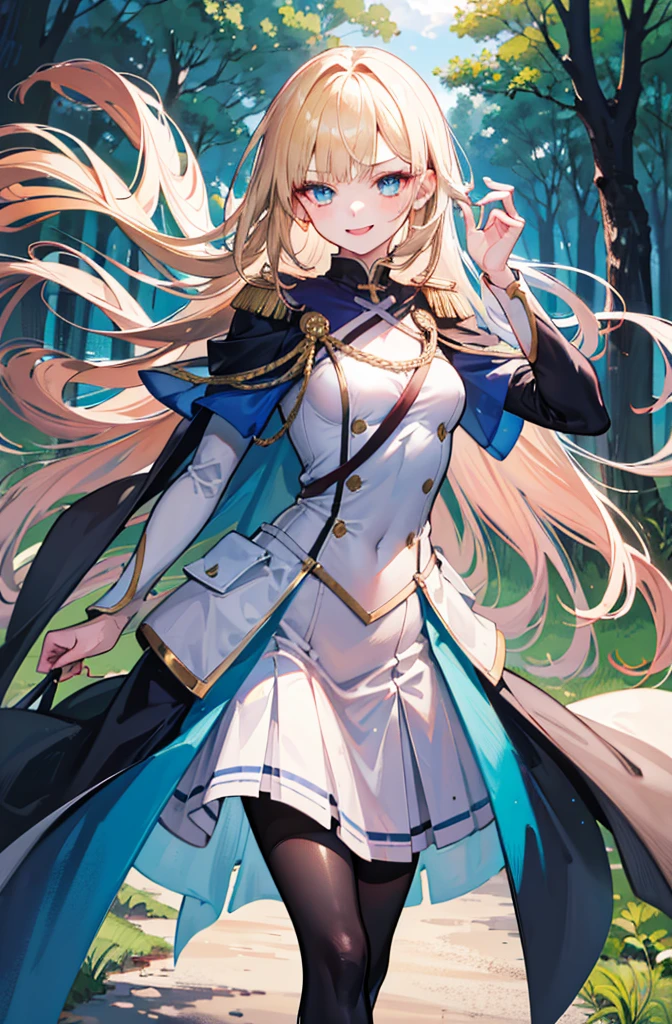 (Standing painting: 1.2) + (1girl:1.5)+ golden hair + princess cut + white knight uniform + detailed eyes and nose + deep blue eyes +  white battle uniform + domineering, masterpiece, best quality,evil smile,holy,((forest background)),adult,