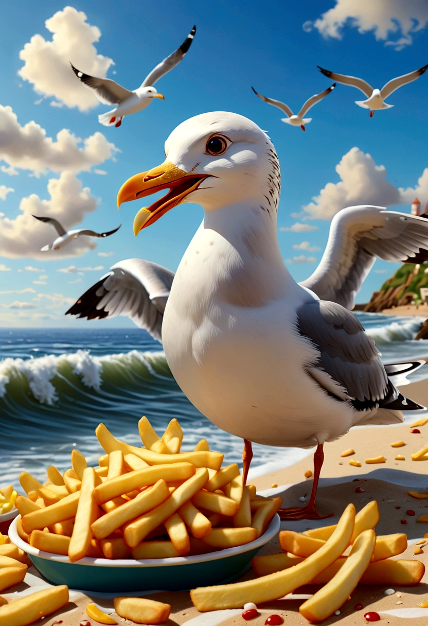 detailed digital art, whimsical illustration, beautiful seaside, seagull eating french fries, enjoying vacation, relaxing, (best quality,4k,8k,highres,masterpiece:1.2),ultra-detailed,(realistic,photorealistic,photo-realistic:1.37),vibrant colors, soft lighting, dynamic composition, detailed textures, intricate details, serene atmosphere, playful mood, coastal landscape, sandy beach, crashing waves, cloudy sky, seagull character, casual dining, french fries, relaxed pose, happy expression